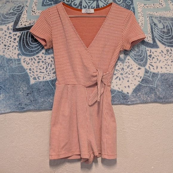 Bershka Pants - Gingham Wrap Romper in Coral Pink Xs Front Snap Side Tie Coquette Dainty Summer